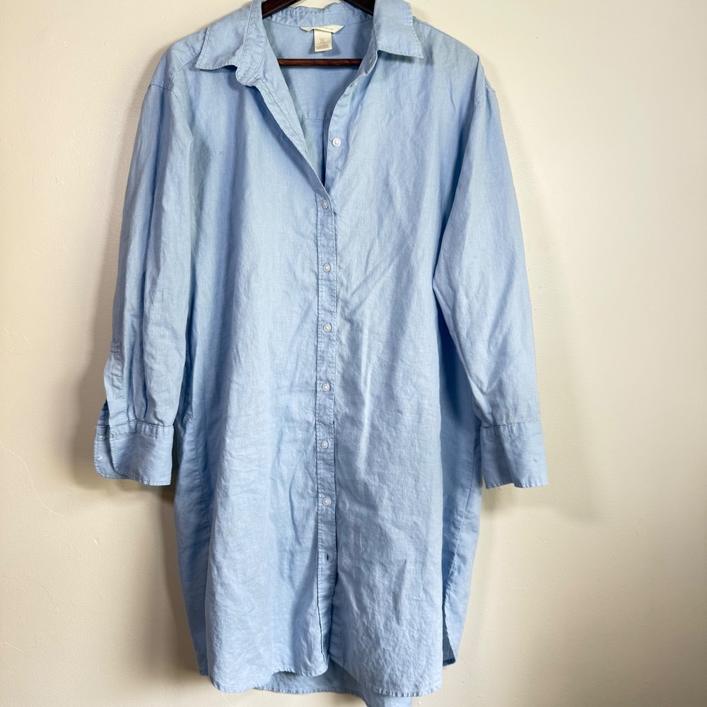H&M Linen Blend Melange Relaxed Button Front Shirt Dress Size M Light Blue